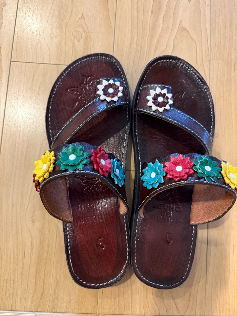 Leather Floral Slide Sandals - Multicolor Flowers